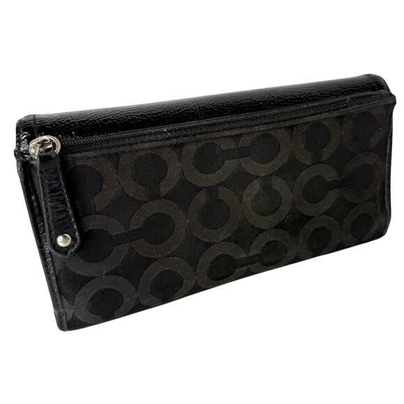 Coach Black LONG WALLET Patent Leather Canvas Signature CC Snap Flap Rear Zip - Picture 2 of 8
